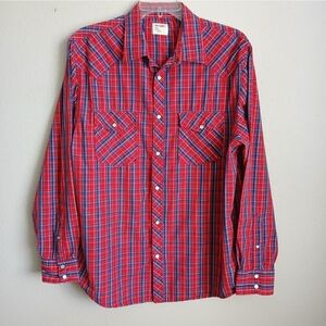 Old Navy Shirt Mens Size Large Red Plaid Long Sleeve Snap Buttons